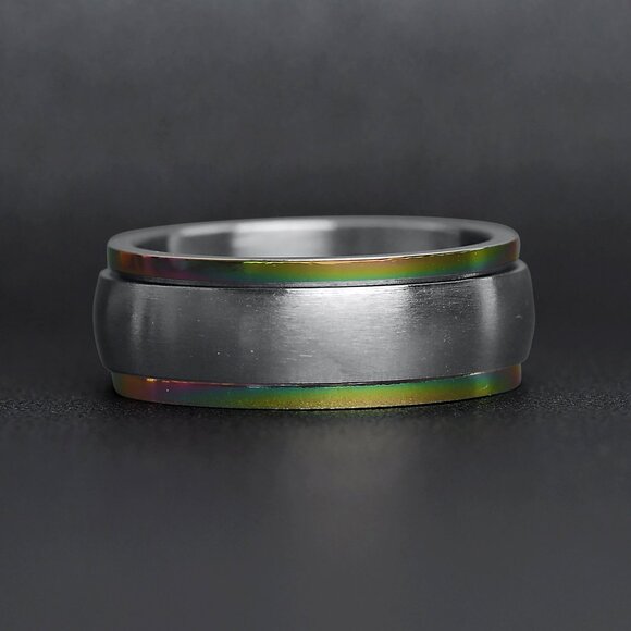 Stainless Steel Rainbow Edge Spinner Ring | Size 7 | Fidget Anxiety Relief Ring - Picture 3 of 4